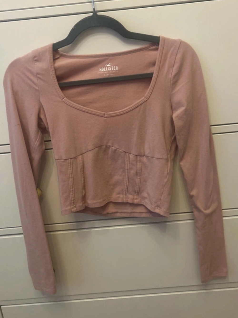 Hollister Pink Scoop-Neck Long Sleeve Corset Cropped Top